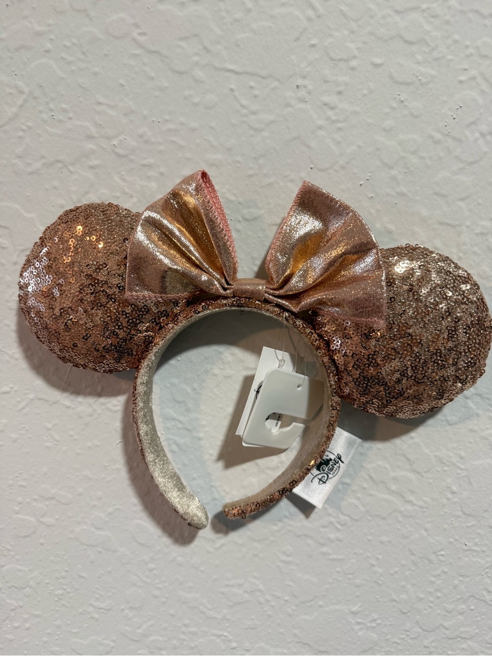 Disney Rose Gold Sequin Minnie Ears Headband with Shiny Bow